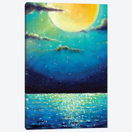 Mystic Night Big Glowing Moon Planet Sun Over Ocean Sea Water Canvas Print #VRY800} by Valery Rybakow Canvas Artwork