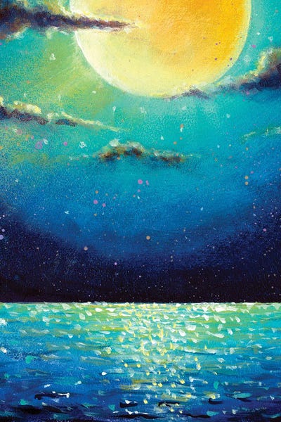 Valery Rybakow: Mystic Night Big Glowing Moon Planet Sun Over Ocean Sea Water by Valery Rybakow