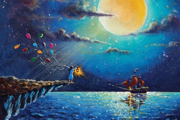 Balloons: Romantic Girl With Balloons With Lantern On Rock Waiting Ship With Red Sails by Valery Rybakow