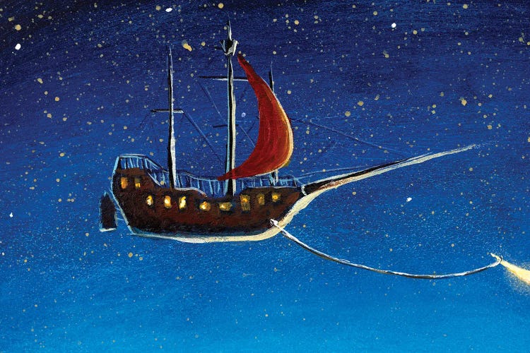 Pirate Ship With Red Sails, Sails Through Night Starry Sky