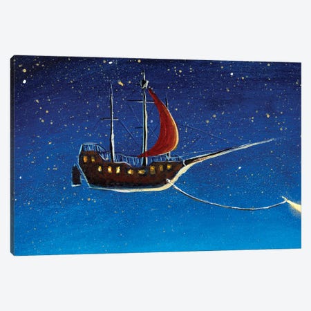Pirate Ship With Red Sails, Sails Through Night Starry Sky Canvas Print #VRY807} by Valery Rybakow Art Print