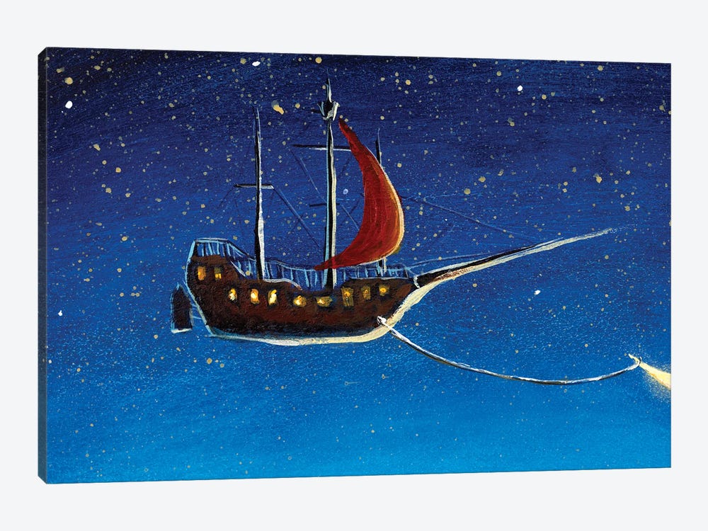 Pirate Ship With Red Sails, Sails Through Night Starry Sky by Valery Rybakow 1-piece Canvas Wall Art