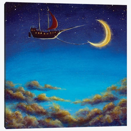 Pirate Dream Airship With Red Sails Tied To Big Moon Canvas Print #VRY808} by Valery Rybakow Canvas Wall Art