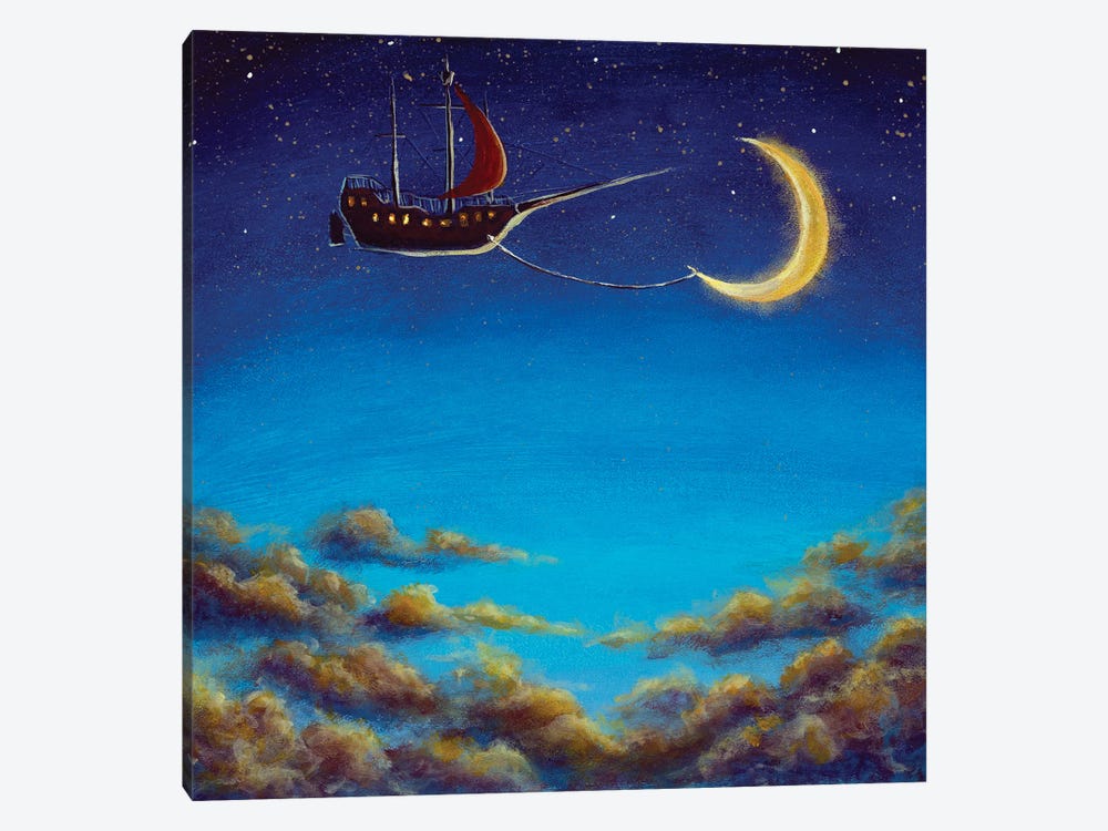 Pirate Dream Airship With Red Sails Tied To Big Moon by Valery Rybakow 1-piece Canvas Art Print