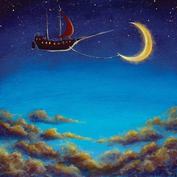 Valery Rybakow: Pirate Dream Airship With Red Sails Tied To Big Moon by Valery Rybakow