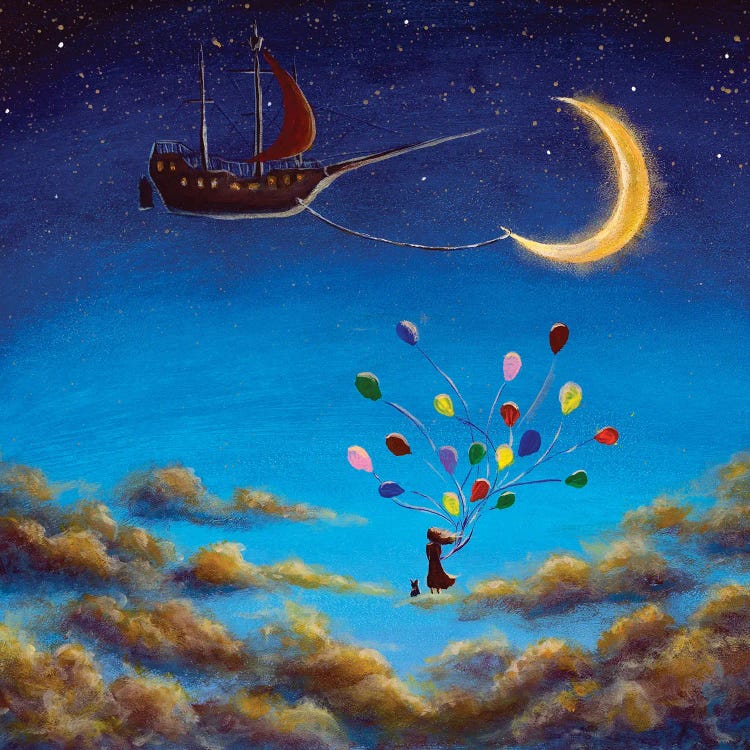 Girl With Balloons And Cat On Clouds In Sky Looks At Ship And Big Moon