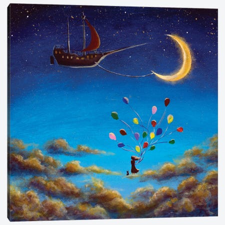 Girl With Balloons And Cat On Clouds In Sky Looks At Ship And Big Moon Canvas Print #VRY809} by Valery Rybakow Canvas Art