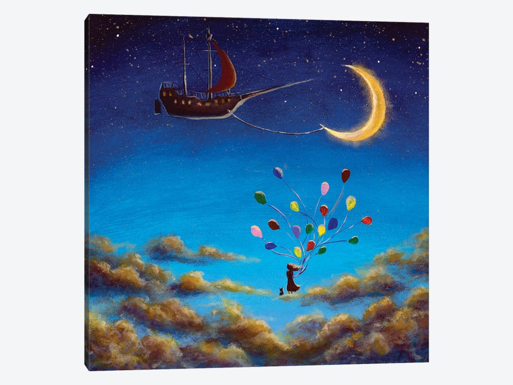 Girl With Balloons And Cat On Clouds In Sky Looks At Ship And Big Moon by Valery Rybakow 1-piece Canvas Artwork