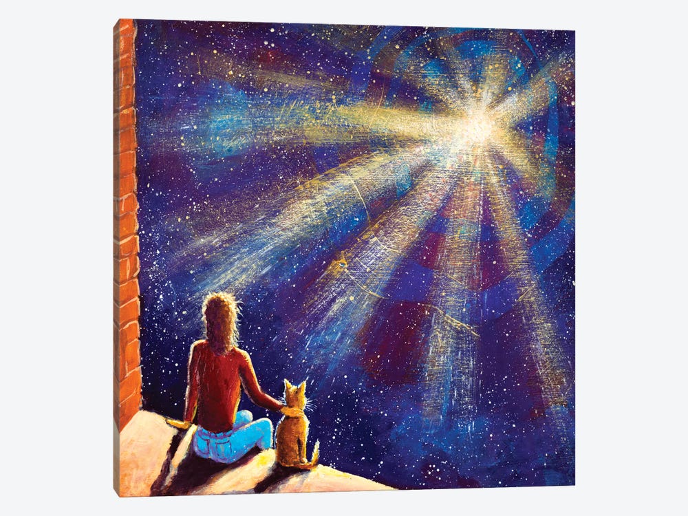 Man With Cat Sit And Watch Cosmos by Valery Rybakow 1-piece Canvas Wall Art