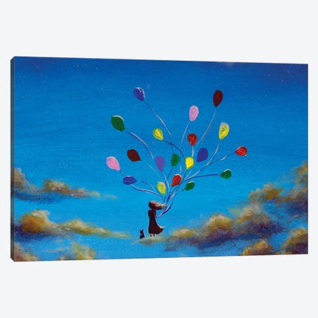 Girl With Balloons And Cat On Clouds In Sky Canvas Print #VRY811} by Valery Rybakow Canvas Art Print