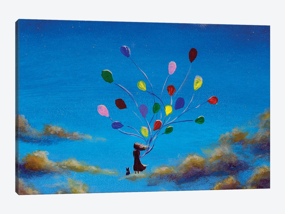 Girl With Balloons And Cat On Clouds In Sky by Valery Rybakow 1-piece Canvas Art Print