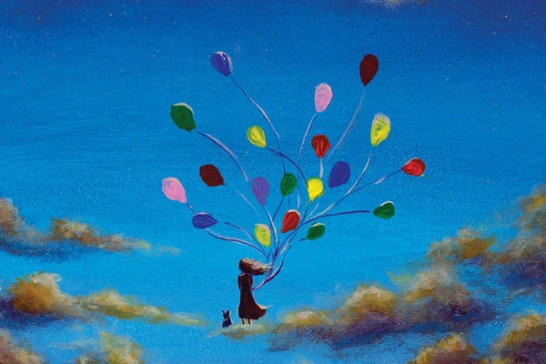 Valery Rybakow: Girl With Balloons And Cat On Clouds In Sky by Valery Rybakow