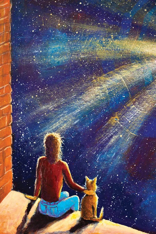 Girl With Cat Look Into Night Blue Space