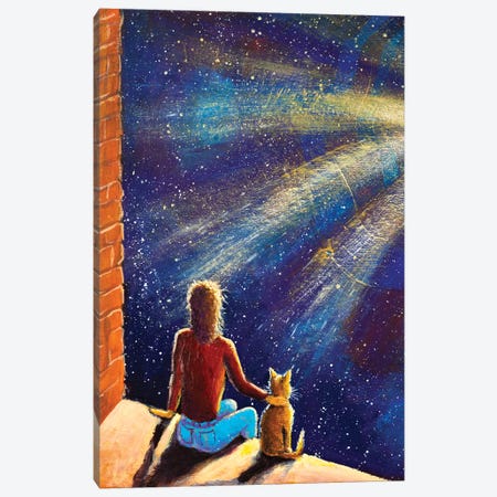 Girl With Cat Look Into Night Blue Space Canvas Print #VRY812} by Valery Rybakow Canvas Art Print