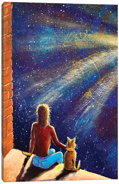 Girl With Cat Look Into Night Blue Space Canvas Art Print - Cosmos Art