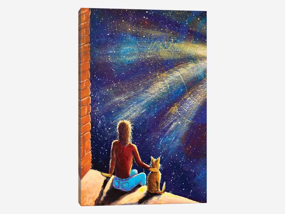 Girl With Cat Look Into Night Blue Space by Valery Rybakow 1-piece Canvas Artwork