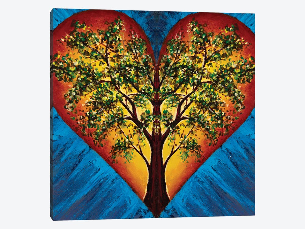 Heart With Blossoming Tree Of Life Inside On Blue Background by Valery Rybakow 1-piece Canvas Art Print