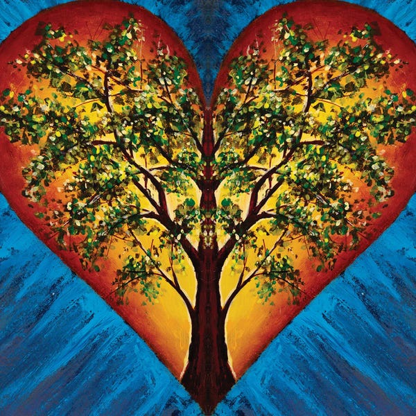 Valery Rybakow: Heart With Blossoming Tree Of Life Inside On Blue Background by Valery Rybakow