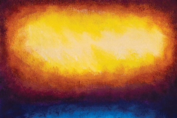 Valery Rybakow: Beautiful Glow Of Orange Yellow In The Darkness Of Space And Blue Art Background by Valery Rybakow