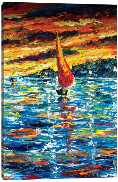 Red Ship At Sunset Canvas Art Print - Valery Rybakow