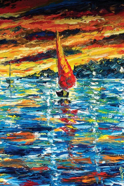 Valery Rybakow: Red Ship At Sunset by Valery Rybakow