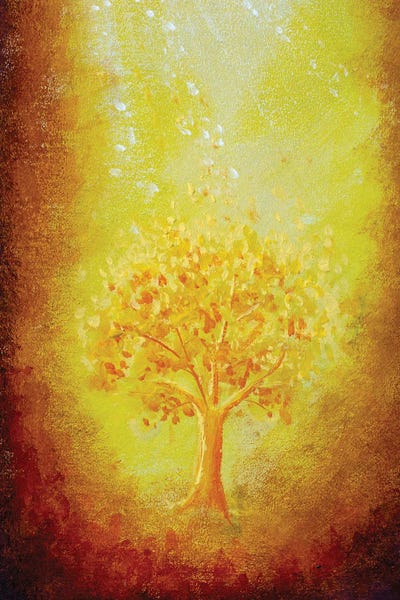 Vertical Illustration Of A Living Luminous Tree Against The Backdrop Of A Bright Solar Glow
