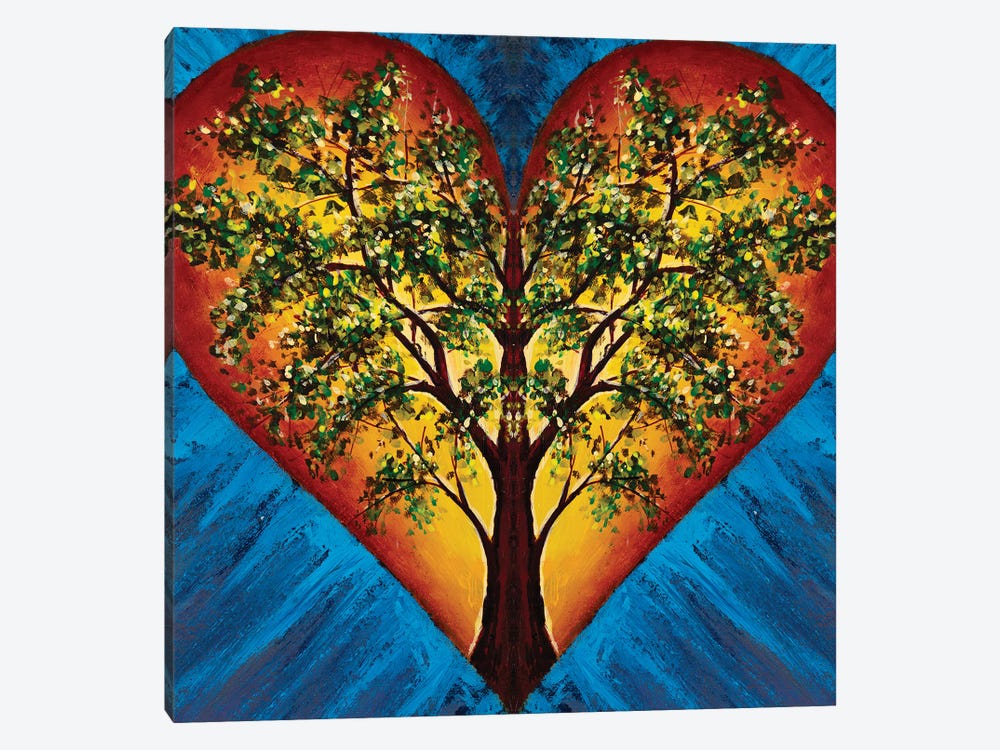 Heart With Blossoming Tree Of Life Inside On Blue Background by Valery Rybakow 1-piece Canvas Wall Art