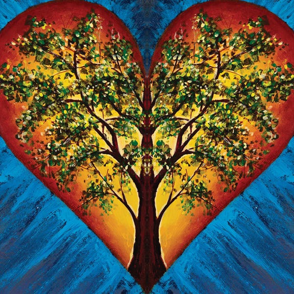 Valery Rybakow: Heart With Blossoming Tree Of Life Inside On Blue Background by Valery Rybakow