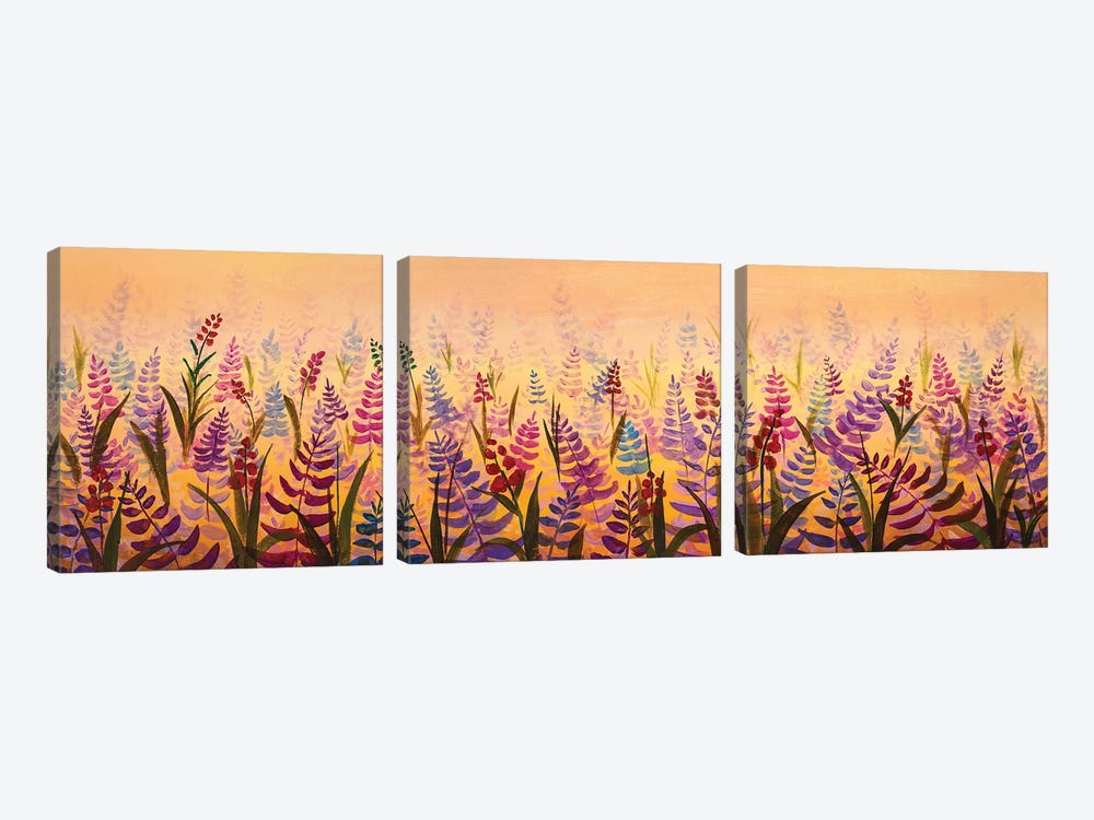 Panoramic View Field Of Delicate Blossoming Flowers Violet Wildflower Extra Wide Panorama by Valery Rybakow 3-piece Canvas Print
