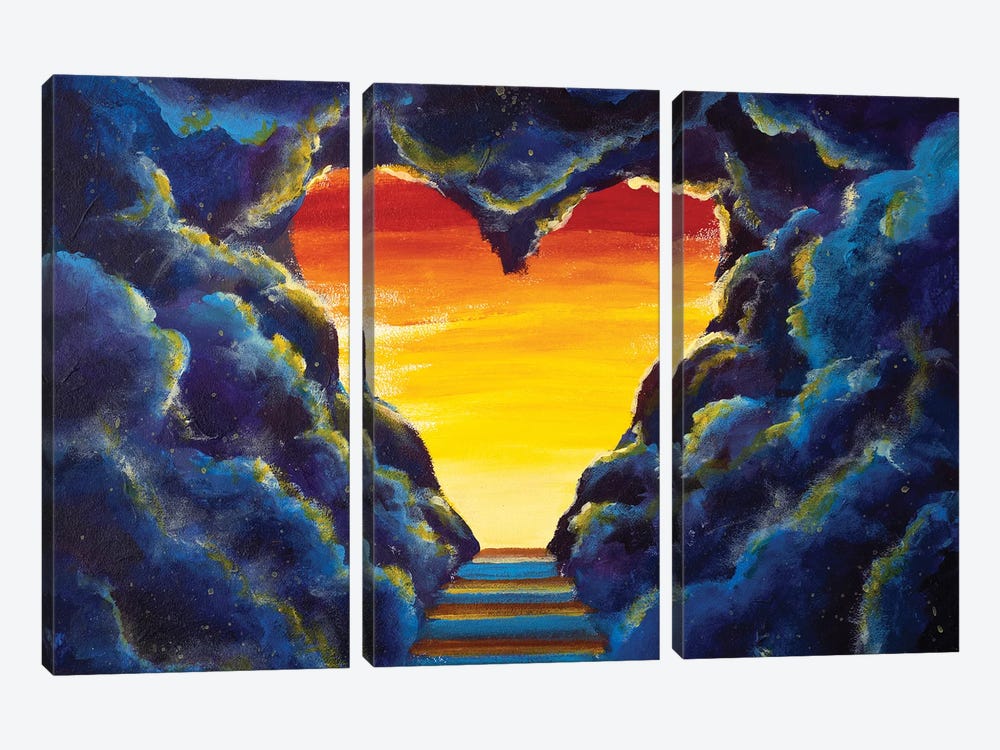 Stairs In Sky With Sun Rays Heart Shaped Sky At Sunset by Valery Rybakow 3-piece Canvas Artwork