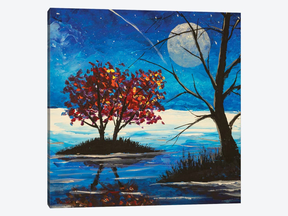 Large Glowing Moon And Trees Reflected In Blue Sea Waves by Valery Rybakow 1-piece Canvas Wall Art