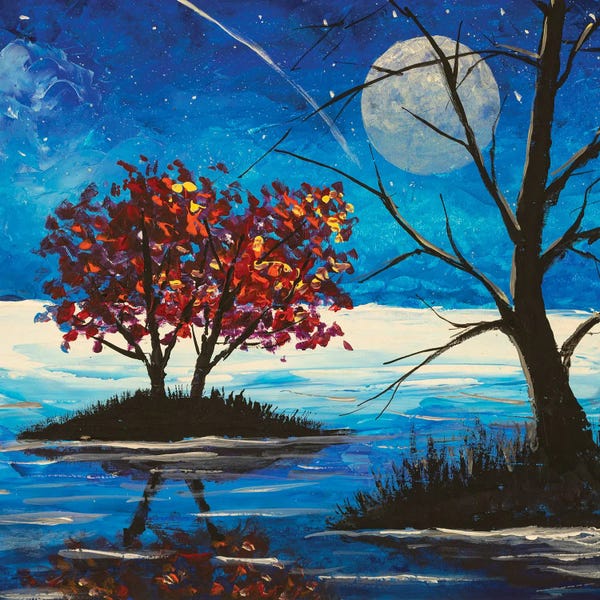 Valery Rybakow: Large Glowing Moon And Trees Reflected In Blue Sea Waves by Valery Rybakow