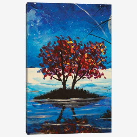 Night Landscape Blossoming Tree On The Island Reflected In Blue Water Canvas Print #VRY853} by Valery Rybakow Canvas Print