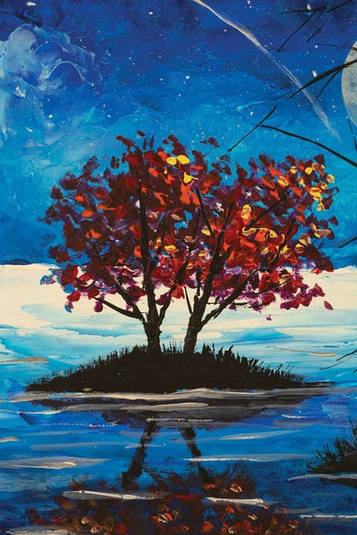 Valery Rybakow: Night Landscape Blossoming Tree On The Island Reflected In Blue Water by Valery Rybakow