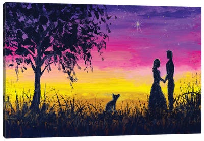 Love Background. Meeting Of Lovers At A Beautiful Sunset Canvas Art Print - Comet & Asteroid Art