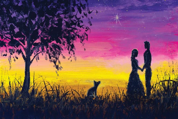 Romantic Bedroom (Couples): Love Background. Meeting Of Lovers At A Beautiful Sunset by Valery Rybakow