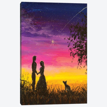 Romantic Couple In Love And Dog Meet At Night. Feelings Of Lovers Canvas Print #VRY855} by Valery Rybakow Canvas Artwork