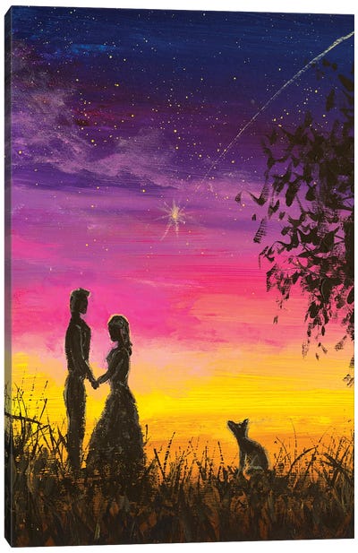 Romantic Couple In Love And Dog Meet At Night. Feelings Of Lovers Canvas Art Print
