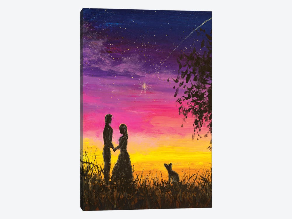 Romantic Couple In Love And Dog Meet At Night. Feelings Of Lovers by Valery Rybakow 1-piece Art Print