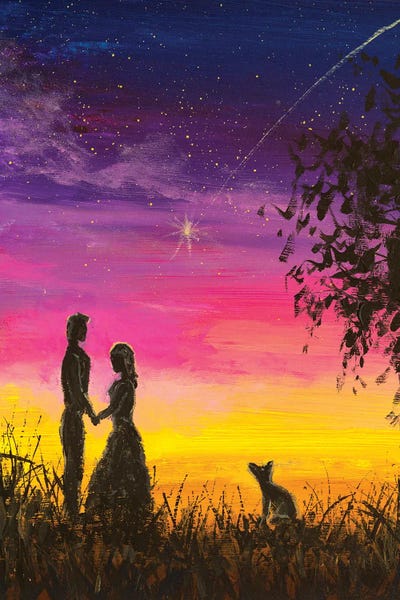 Valery Rybakow: Romantic Couple In Love And Dog Meet At Night. Feelings Of Lovers by Valery Rybakow
