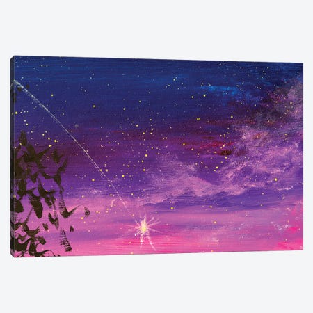 Beautiful Romantic Purple Blue Sunset, Starry Sky And Tree Canvas Print #VRY856} by Valery Rybakow Canvas Artwork