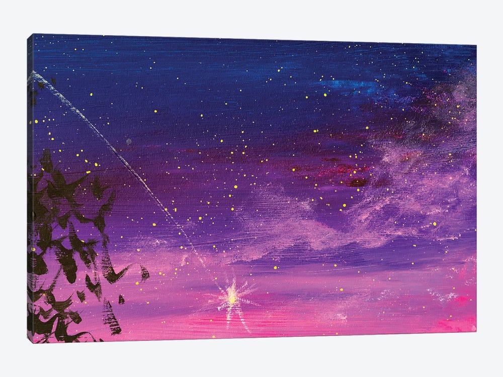 Beautiful Romantic Purple Blue Sunset, Starry Sky And Tree by Valery Rybakow 1-piece Canvas Wall Art