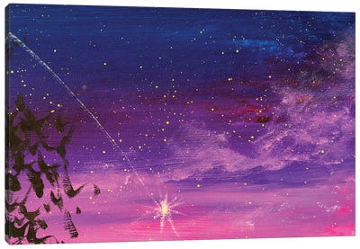Beautiful Romantic Purple Blue Sunset, Starry Sky And Tree Canvas Art Print - Comet & Asteroid Art