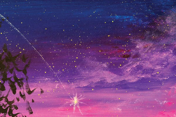 Valery Rybakow: Beautiful Romantic Purple Blue Sunset, Starry Sky And Tree by Valery Rybakow