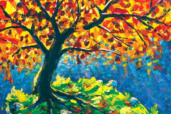 Valery Rybakow: Big Autumn Old Tree On Green Mountain I by Valery Rybakow