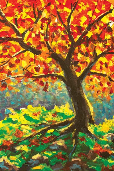 Valery Rybakow: Big Autumn Old Tree On Green Mountain II by Valery Rybakow