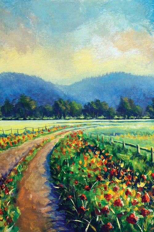 Sunny Landscape Blooming Road To The Mountains