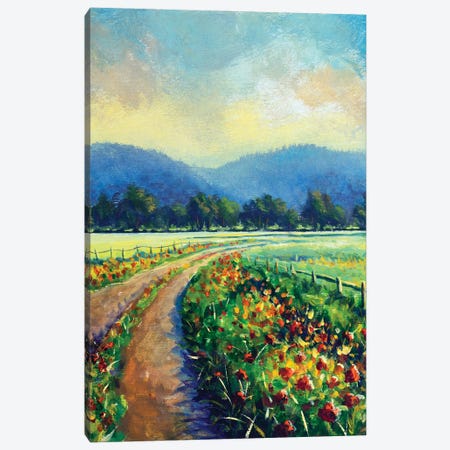 Sunny Landscape Blooming Road To The Mountains Canvas Print #VRY862} by Valery Rybakow Canvas Art