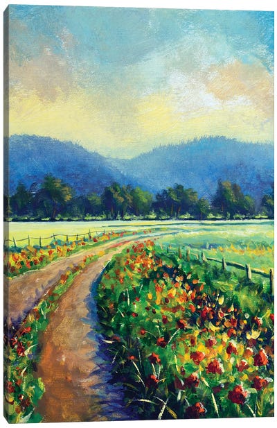 Sunny Landscape Blooming Road To The Mountains Canvas Art Print - Valery Rybakow