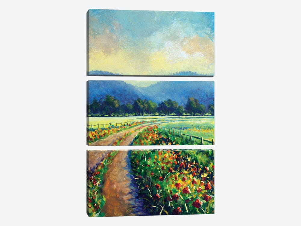 Sunny Landscape Blooming Road To The Mountains by Valery Rybakow 3-piece Art Print